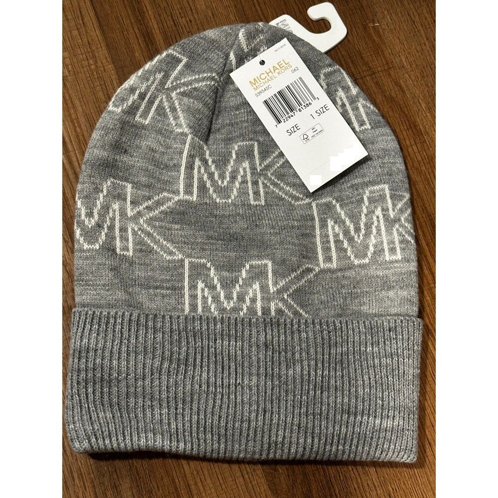 Michael Kors Gray Monogram Knitted Beanie Hat NWT